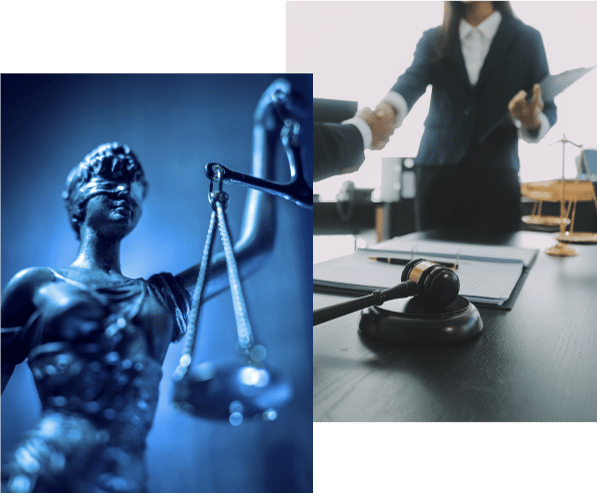 Image of Lady Justice and a image of handshake which indicates legal representation