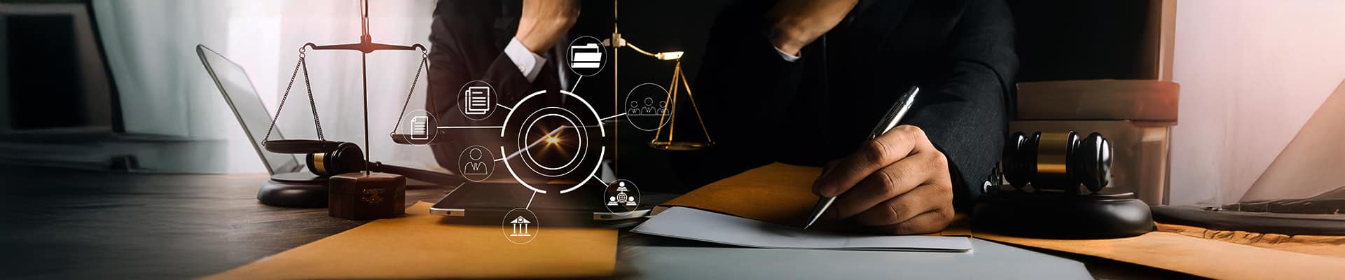 Business and lawyers discussing contract papers with brass scale on desk in office