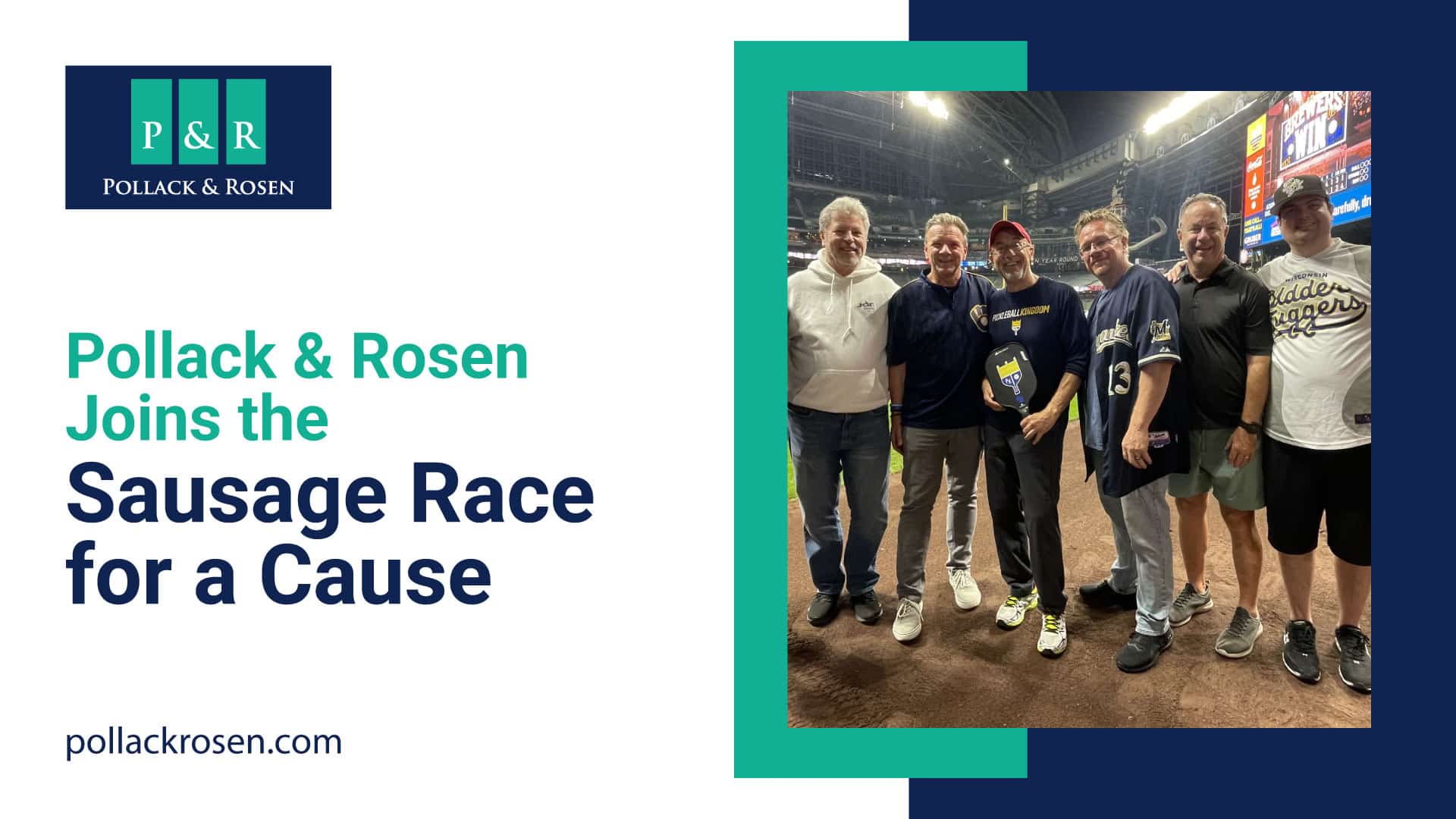 Pollack & Rosen participates in the Milwaukee Brewers Sausage Race to support community and veteran charities. Graphic features the Italian Sausage mascot at American Family Field with logos of supporting organizations.